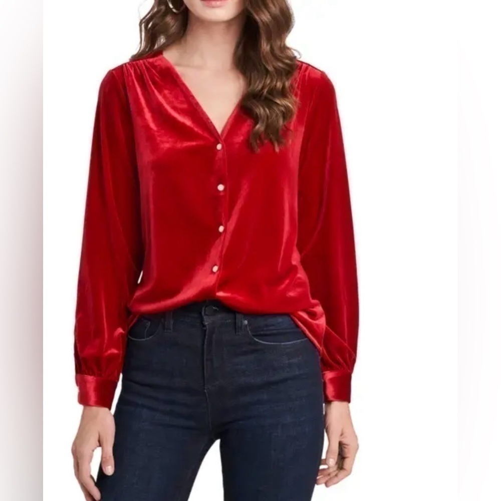 State V-Neck Velvet Button Front Top Red - Picture 2 of 10